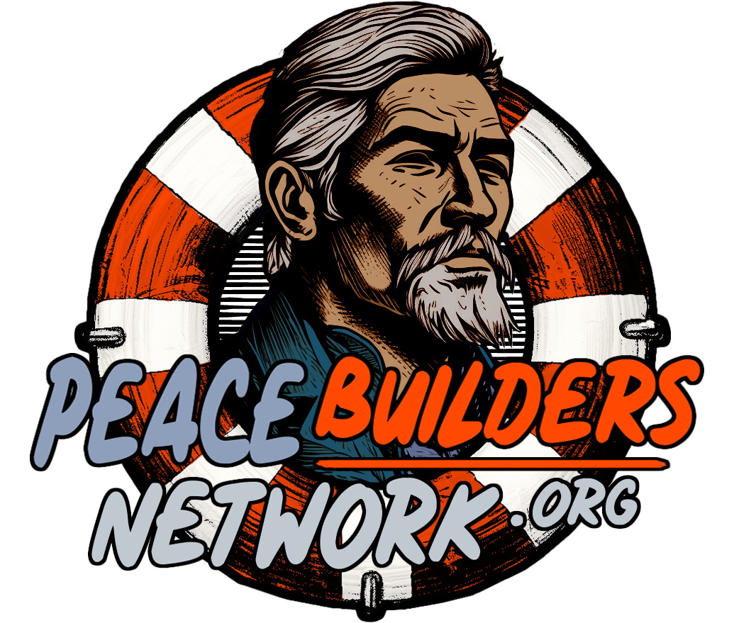 PeaceBuildersNetwork Logo - a life-preserver ring with a middle-aged man's head and shoulders with the word Peacemakers displayed across it.